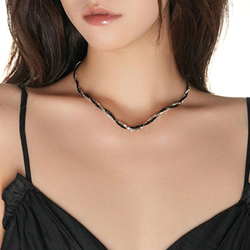 Black and Silver Twisted Bead Choker Necklace